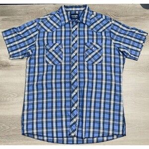 Wrangler Western Shirts Mens XLT Black Blue Plaid Pearl Snap Short Sleeve Shirt